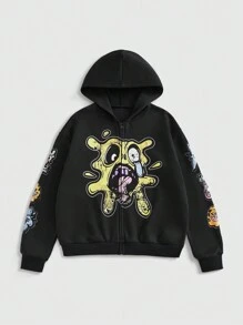 ROMWE Street Life 女式 Y2K 街头服饰卡通搞笑表情超大开前连帽卫衣 - 黑色 - 查看 1