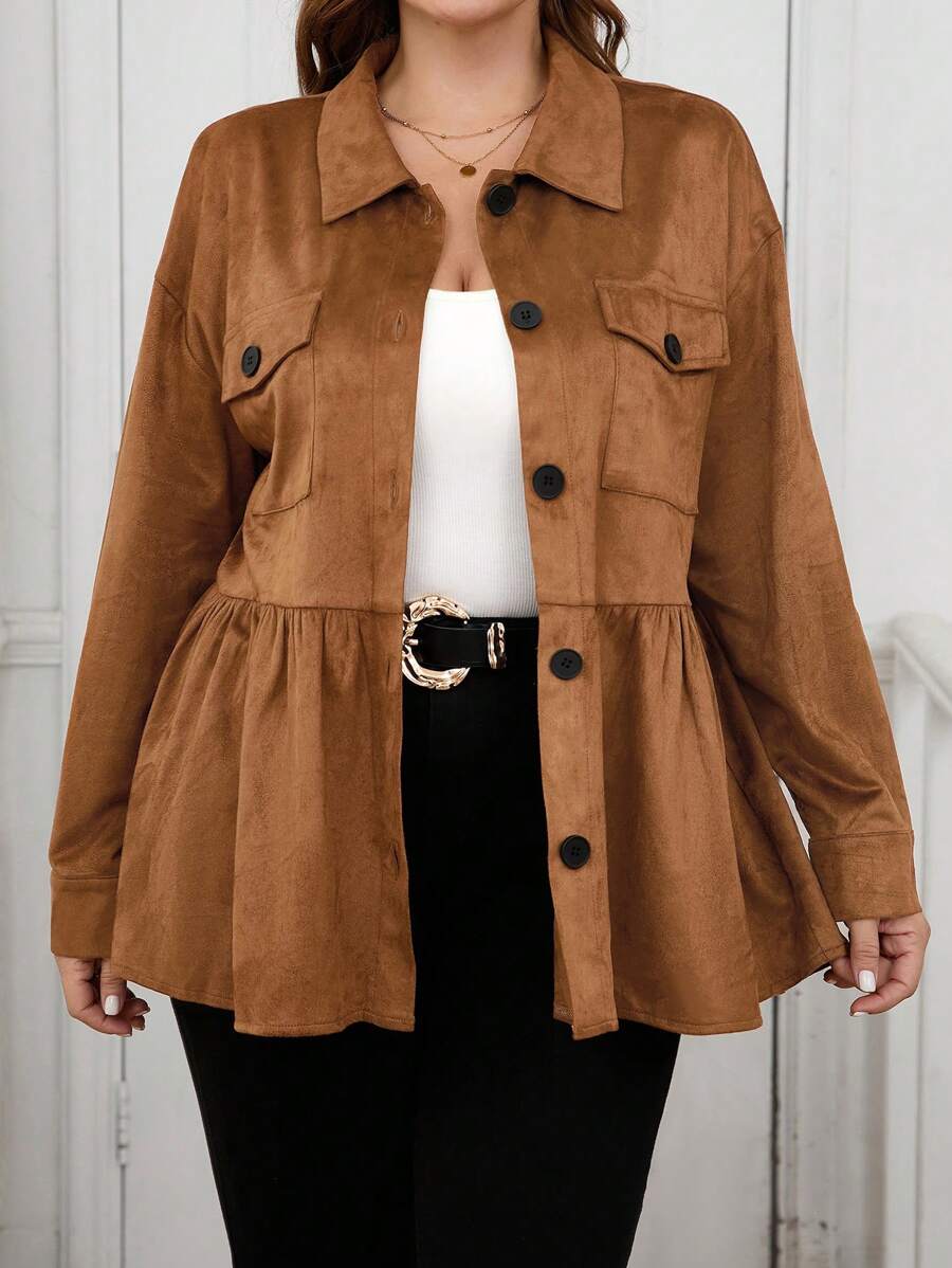 SHEIN LUNE Plus Size Front Button Long Sleeve Pocket Casual Coat Holiday Thermal Vacations Winter Clothes For Women New Year - Brown - View 1