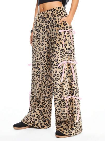 Grunge Punk Fluffy Leopard Print Color Contrast Bowknot Waist Loose Flared Leg Pants