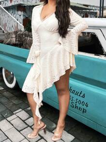 Celure Vestido de encaje con volantes, cuello en V y mangas acampanadas, nuevo lanzamiento de otoño/invierno en talla grande