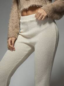 MISSGUIDED Rib Knit Flare Hem Mid Rise Pants - Apricot - View 3