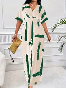 Maweii Plus Size Women's Elegant Black & White Color Block Print Criss-Cross Shoulder Short Sleeve Wide Leg - Multicolor - View 4