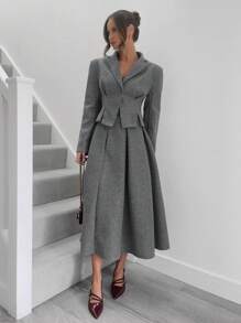 Siren Gaze Bộ đồ vest nữ 2 món phong cách Old Money thời trang công sở thường ngày màu trơn đơn hàng khuy dài tay và chân váy xếp ly, bộ vest len xám, bộ trang phục nữ, bộ mùa đông, bộ tay dài, bộ đồ hai mảnh mùa thu, cho mùa thu/đông - Màu xám đen - Xem 3