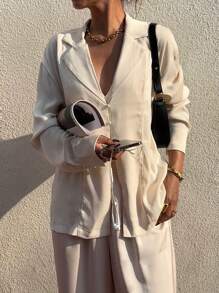 SHEIN Frenchy Women's Solid Color Lapel Neck Long Sleeve Single-Breasted Casual Shirt, Autumn,Long Sleeve Shirt,Holiday Outfits Winter Elegant - Apricot - View 5