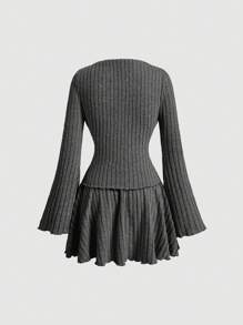 SHEIN MOD 2pcs Set: Women Solid Color Rib-Knit V-Neck Long Sleeve Top And Mini Skirt