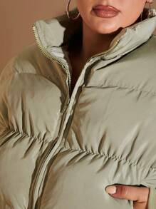 SHEIN BAE Plus Size Women Winter Casual Hiking Sage Green Quilted Front Zipper Wadded Padded Coat,Sweet Girl Patchwork Ribbed Cuff And Collar Warm Short Jacket - Green - View 4