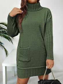 SHEIN LUNE Váy len cổ cao màu trơn cỡ lớn, trang phục thường ngày cho mùa thu/đông - màu xanh lá - Xem 5