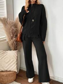 EMERY ROSE 2 件套女式纯色立领长袖毛衣和裤子套装，简约风格 - 黑色 - 查看 4