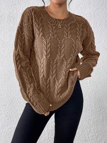 SHEIN Unity Suéter casual de unicolor con hombros caídos y bajo curvo, de manga larga, tejido, para otoño/invierno - Marrón - Ver 8
