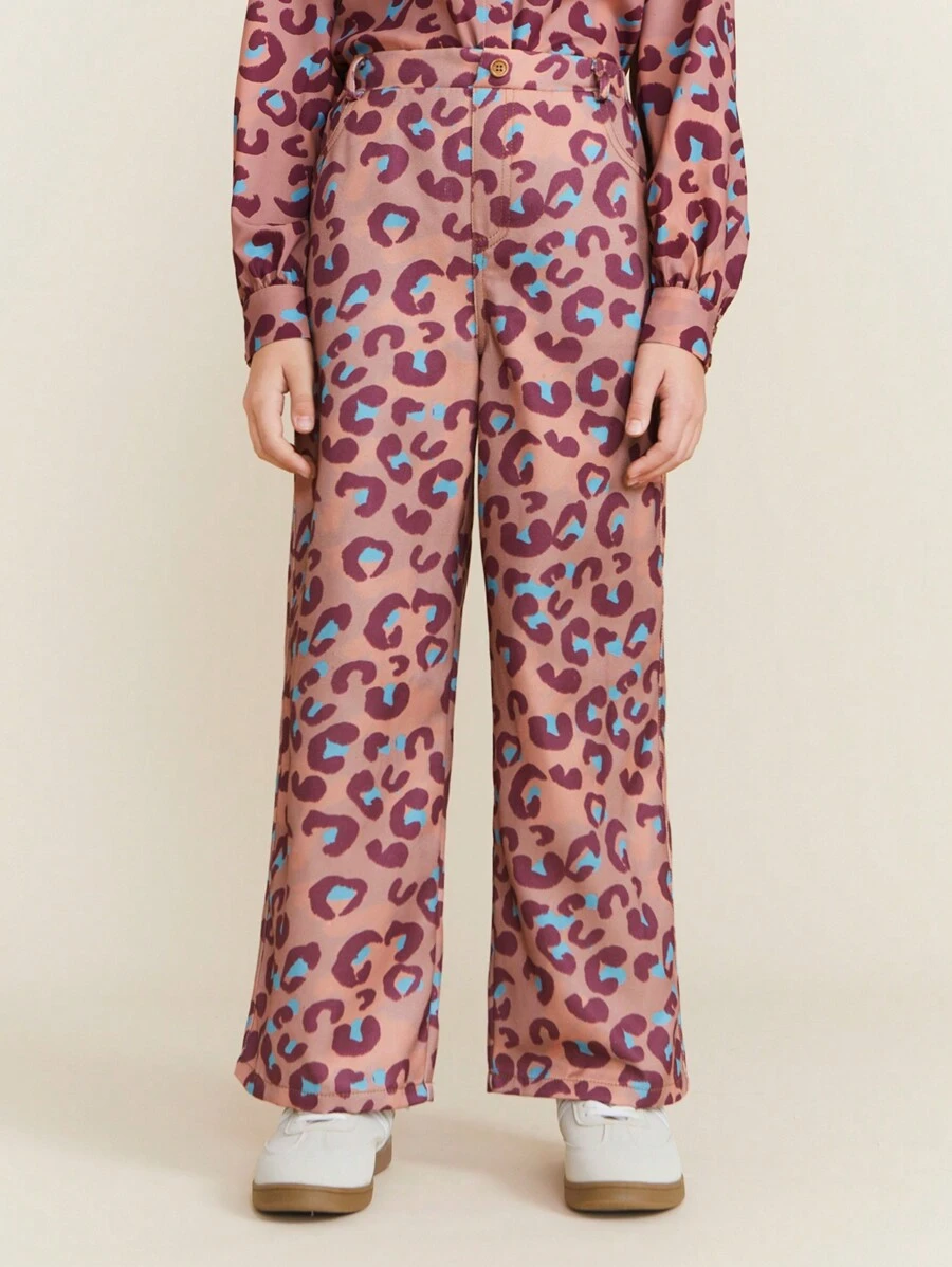 SHEIN Tween Girls Leopard Print Straight Leg Loose Casual Pants For Autumn/Winter - Orange - View 1