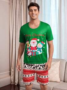 Cartoon Santa Claus Christmas Print Short Sleeve & Shorts Men Pajama Set