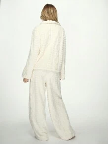 MISSGUIDED Fluffy Cable Knit Lapel Collar Long Sleeves Shirt With Wide Leg Pants Two Piece Sweater Co Ord Set