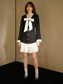 MOTF STUDIO 粗花呢双色系带领口撞色荷叶边装饰二合一连衣裙，新年装扮 - 白色 - 查看 5