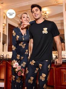 Snug Zone 熊印花圆领短袖长裤休闲男士睡衣套装 - 黑色 - 查看 3