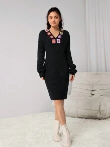 Teens Girls' Black Honeycomb Texture Crochet Decor Collar Sweater Dress, Elegant And Fashionable Design - Black - View 3