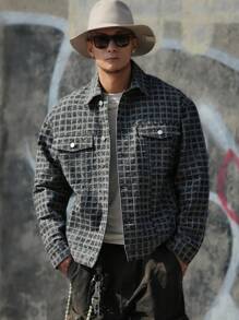 DAZY Plaid Men's Long Sleeve Single-Breasted Casual Denim Jacket, For Autumn - Black - View 1