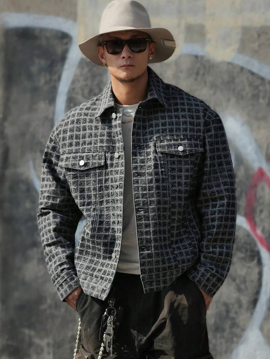 DAZY Plaid Men's Long Sleeve Single-Breasted Casual Denim Jacket, For Autumn - Black - View 1