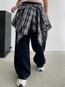 Flirla Plus Size Plaid Patchwork Front Tie Contrast Casual Sweatpants For Women, 2 In 1 Style Fall Cloth For Women - Black - View 5