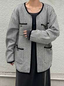 FRIFUL Chaqueta regular de ajuste holgado con bloques de color y múltiples bolsillos para mujer, ropa de otoño - Negro - Ver 2