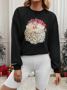 INAWLY Women's Round Neck Long Sleeve Minimalist Santa Claus Print Casual Sweatshirt