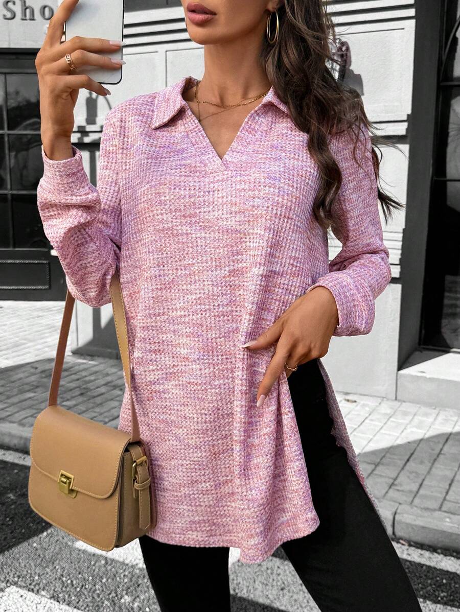 SHEIN LUNE 女士休闲华夫格针织开衩长袖T恤，日常基本款，秋冬冬季女士休闲上衣外出上衣女 - 粉色 - 查看 1