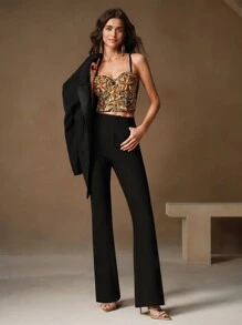 Anewsta 女士优雅串珠刺绣吊带背心 - 金色 - 查看 3