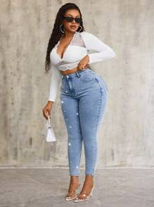 SHEIN SXY Quần Jeans Skinny Co Giãn Màu Xanh Đậm Đính Ngọc Trai Cỡ Lớn - Màu xanh lam - Xem 5