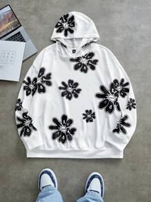 Manfinity VCAY Plus Size Men Floral Pattern Knit Loose Fit Casual Long Sleeve Hoodie Sweatshirt