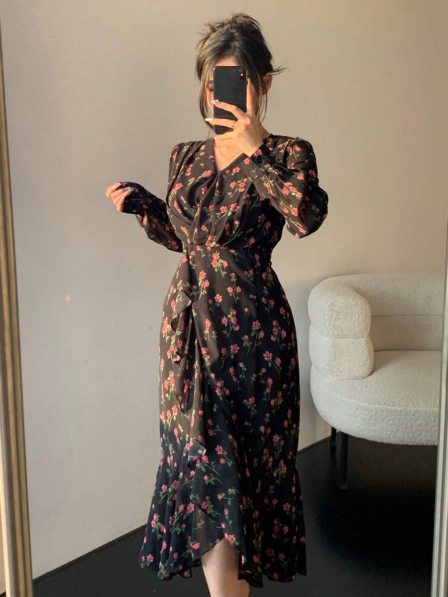 DAZY 女士印花雪纺V领中长荷叶边连衣裙，秋季长袖连衣裙/长款连衣裙 - 黑色 - 查看 1