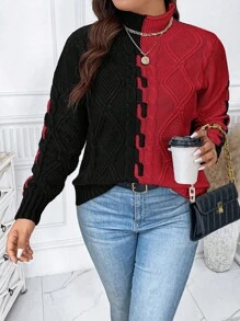 Calvaya Plus Size Crew Neck Solid Color Patchwork Pullover Sweater, Simple Casual Design For New Year Clothes, For Winter - Red - View 3