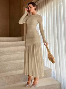 Aloruh Women's Autumn Solid Color Round Neck Long Sleeve Ruffle Hem Elegant Dress,Tea Party Dress - Khaki - View 3