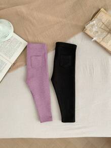 SHEIN LMoss Kids 2pcs LMoss Unisex Baby Girl Thermal Lined Leggings, Black/Purple, Suitable For Outdoor, Party, Sports And More, Autumn/Winter