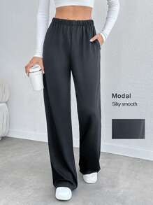 SHEIN Tall Modal Soft Wide Leg Dark Grey High Waist Drawstring Pants