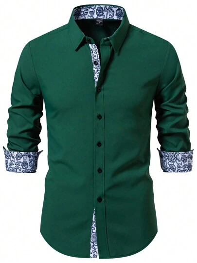 Manfinity Mode Long Sleeve Casual Shirt, Minimalist And Fashionable For Daily Wear, Dark Green Men Shirt, Fall