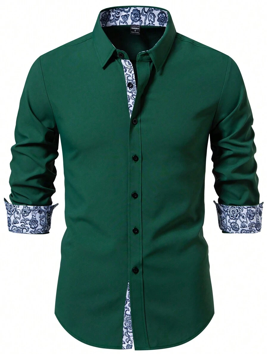 Manfinity Mode Long Sleeve Casual Shirt, Minimalist And Fashionable For Daily Wear, Dark Green Men Shirt, Fall - Dark Green - View 1