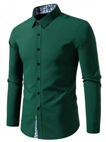 Manfinity Mode Long Sleeve Casual Shirt, Minimalist And Fashionable For Daily Wear, Dark Green Men Shirt, Fall - Dark Green - View 5