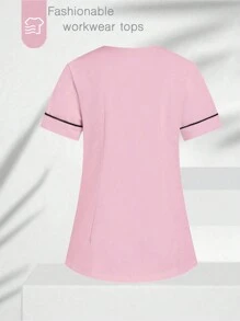 SHEIN TaskFit Women's V-Neck Short Sleeve Contrast Color Double Pockets Fashionable Casual Scrub Tops Nurse/Doctor Work Uniforms Top, Health Check Surgical Uniforms Top For Women Solid Colors Pet Grooming Work Uniforms Scrub Tops Nutritionist Work Short Sleeves Lab Work Top, Multi-Pockets Functional Work Functional Women's Top Can Be Worn On Christmas - Pink - View 2