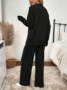EMERY ROSE 2 件套女式纯色立领长袖毛衣和裤子套装，简约风格 - 黑色 - 查看 2
