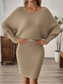 EMERY ROSE Women Solid Color Lantern Sleeve Ribbed Knit Sweater Dress - Apricot - View 4