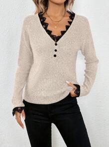 SHEIN LUNE 1pc Women Elegant V-Neck Contrast Color Block Lace Button Decoration Pullover Sweater Knit Pullover Fall Winter - Apricot - View 3