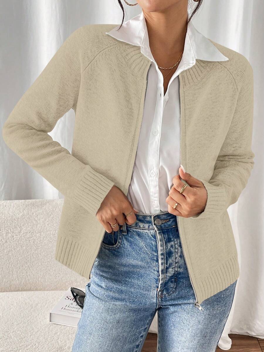 Chiquease Damen Langarm Bluse mit Reißverschluss vorne, einfarbig, für den täglichen Gebrauch