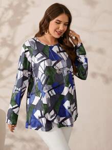 EMERY ROSE Plus Size Fall Women's Geometric Print Crew Neck Long Sleeve Casual T-Shirt, Graphic Tee,Winter Clothes For Women