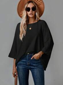 SHEIN CURVE+ 大码长袖宽松舒适家庭风格女式 T 恤 - 黑色 - 查看 4