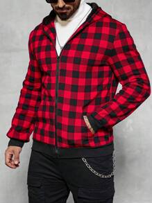 Manfinity Homme Sudadera con cremallera a cuadros sencilla para hombres, uso diario casual, Navidad, cárdigan de cuadros rojos, camisetas térmicas, forro polar esponjoso para mantener el calor