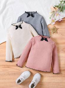 SHEIN 3 件/套年轻女孩纯色圆领拼色蝴蝶结装饰生菜边休闲 T 恤，时尚优雅可爱，适合儿童春夏秋季派对外出休闲装、生日装、节日、圣诞节、母女搭配，时尚、可爱、舒适、百搭。 - 彩色 - 查看 3