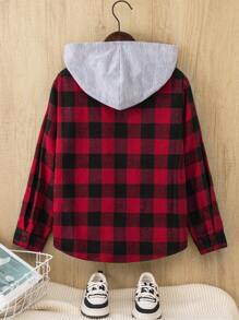 SHEIN Leap Crew 1 件 Tween Boy 休闲格子连帽衫宽松长袖衬衫，舒适适合学院、日常、郊游、学校、聚会，适合秋冬季、圣诞节，红色，黑色 - 紅色 - 查看 6