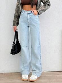 EURMUSE High Waist Wash Detailed Straight Jean - Medium Wash - View 7