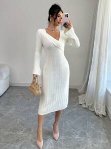 Elenzga Women Asymmetric Collar Long Sleeve Fitted Elegant Sweater Dress, Autumn/Winter