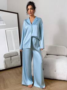 Chiquease Bộ đồ vest rộng rãi bằng vải satin dành cho nữ 2 món - Áo cổ bẻ và quần ống rộng - Màu xanh nhạt - Xem 3