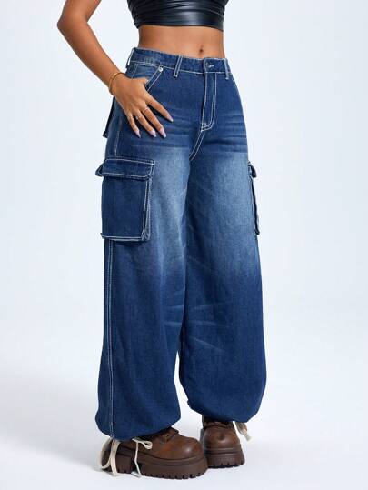 SHEIN ICON Jeans cargo informales amplios desgastados para mujer